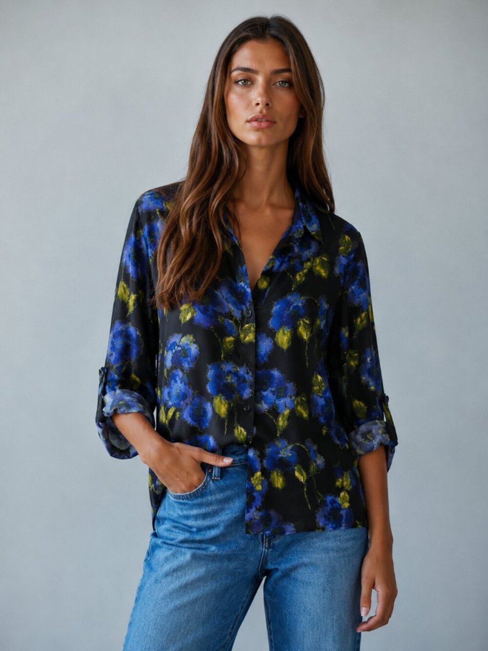 Sheer cobalt blue print blouse